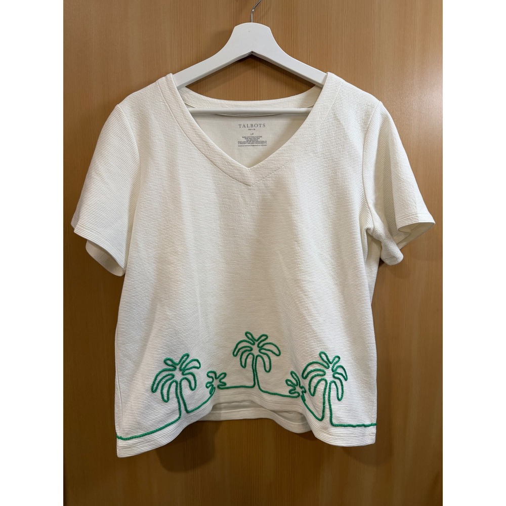Talbots Petite White V-Neck Top Green Palm Tree Embroidered Textured Knit LP